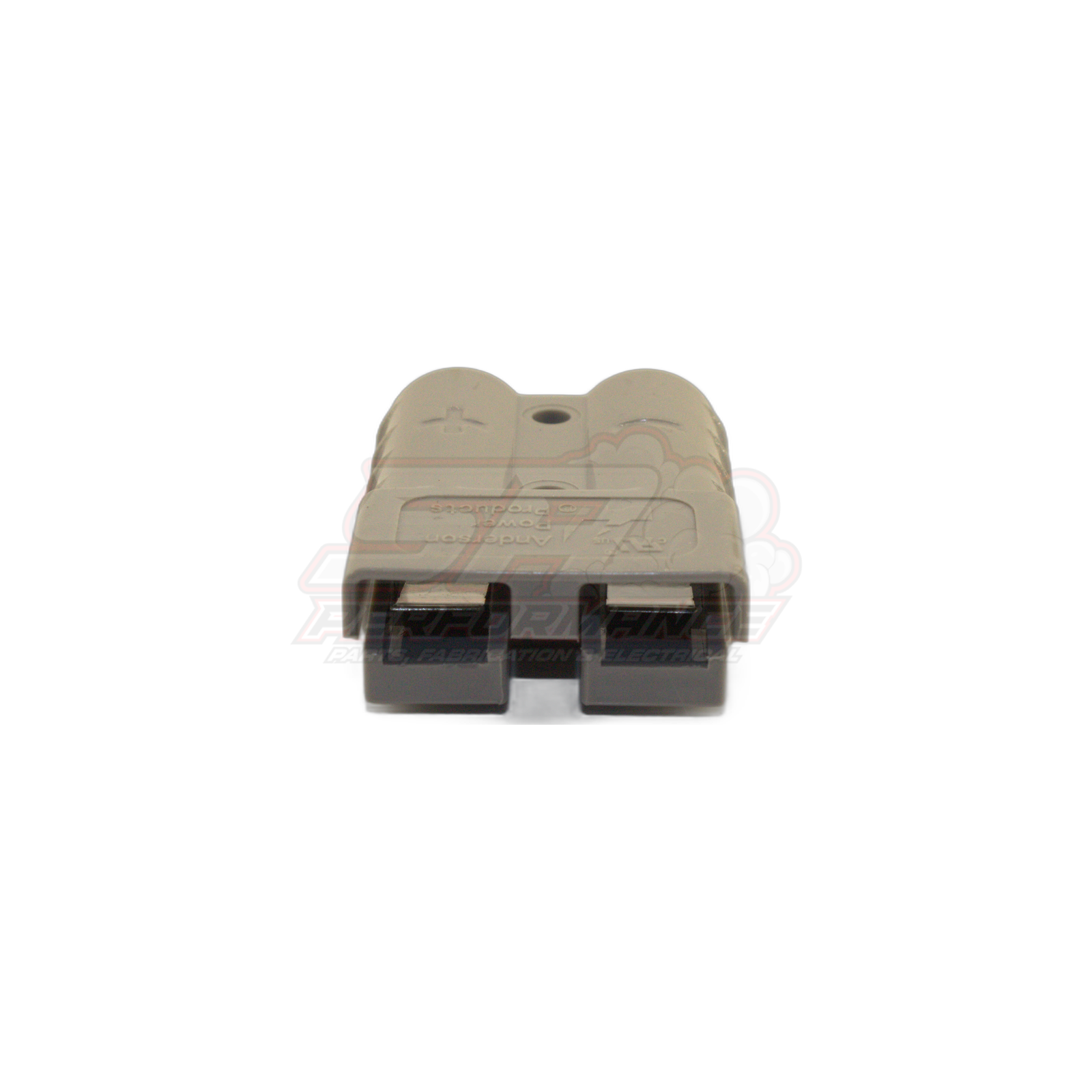Front view of Anderson style 50 amp 2-pin grey connector housing showing dual square contact ports and moulded polarity markings