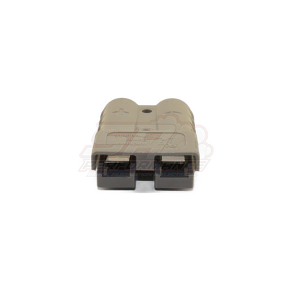 Front view of Anderson style 50 amp 2-pin grey connector housing showing dual square contact ports and moulded polarity markings