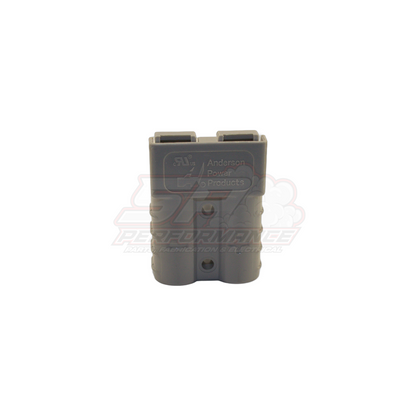 Anderson 2 pin 50 amp grey connector front view showing dual contact housings and mounting holes