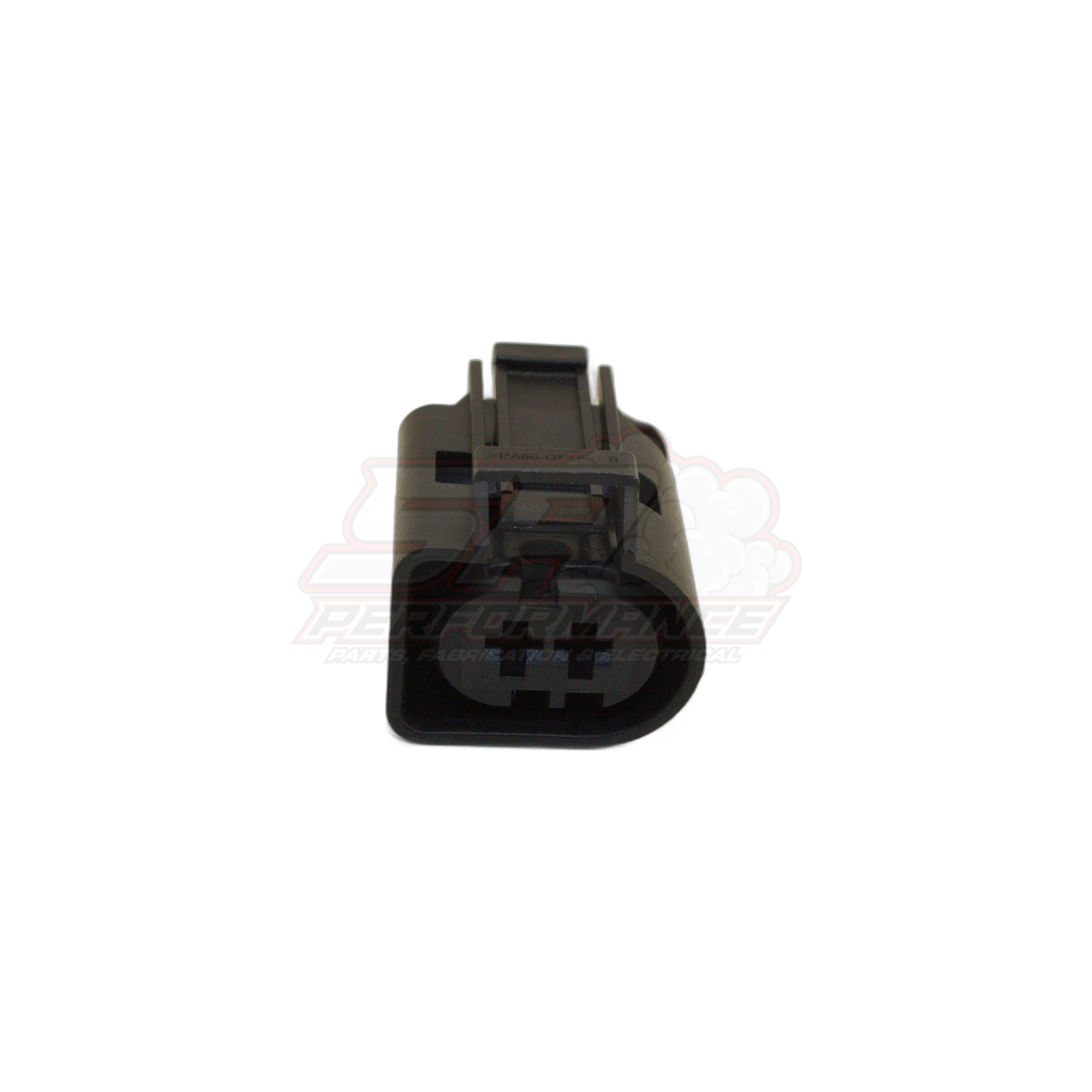 Front angled view of 2-pin Bosch Euro style connector in grey and black housing showing terminal cavity and locking tab