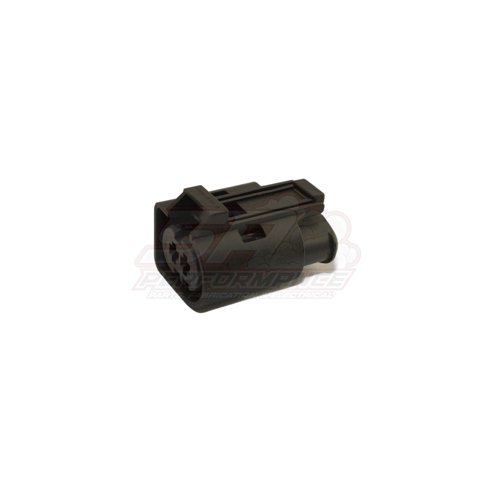 Black 2-pin Bosch Euro-style connector housing angled view showing terminal cavity slots and locking tab