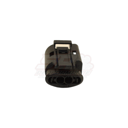 Black 2-pin Bosch Euro connector housing front view showing dual circular pin cavities and locking tab