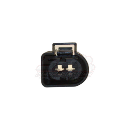 Front view of 2-pin Bosch Euro style connector housing showing black moulded body with metal locking tab and two terminal pins inside oval cavity
