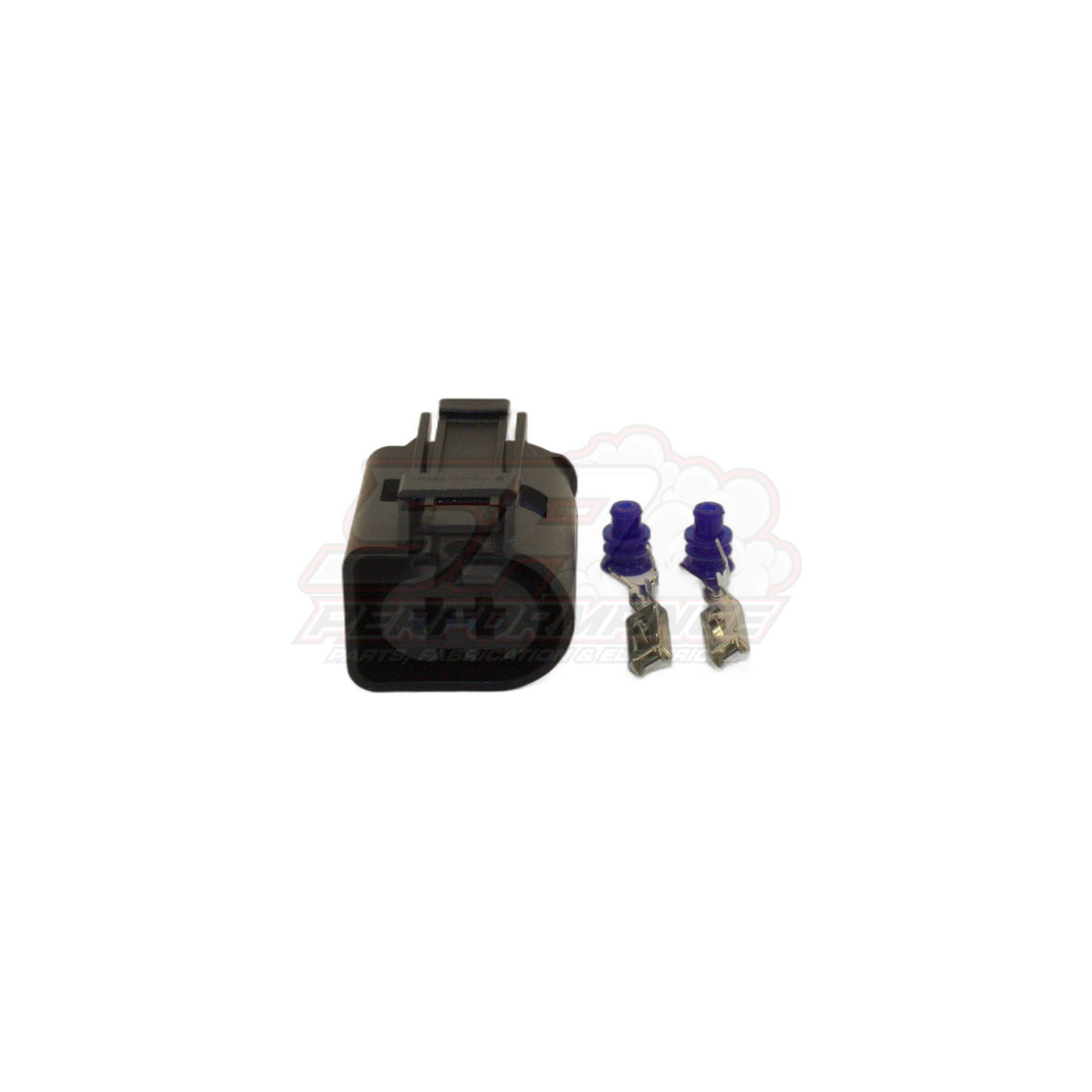 2 Pin Euro Style Bosch connector kit showing black housing with two blue-sealed terminals and metal pins