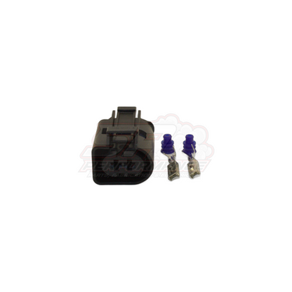 2 Pin Euro Style Bosch connector kit showing black housing with two blue-sealed terminals and metal pins