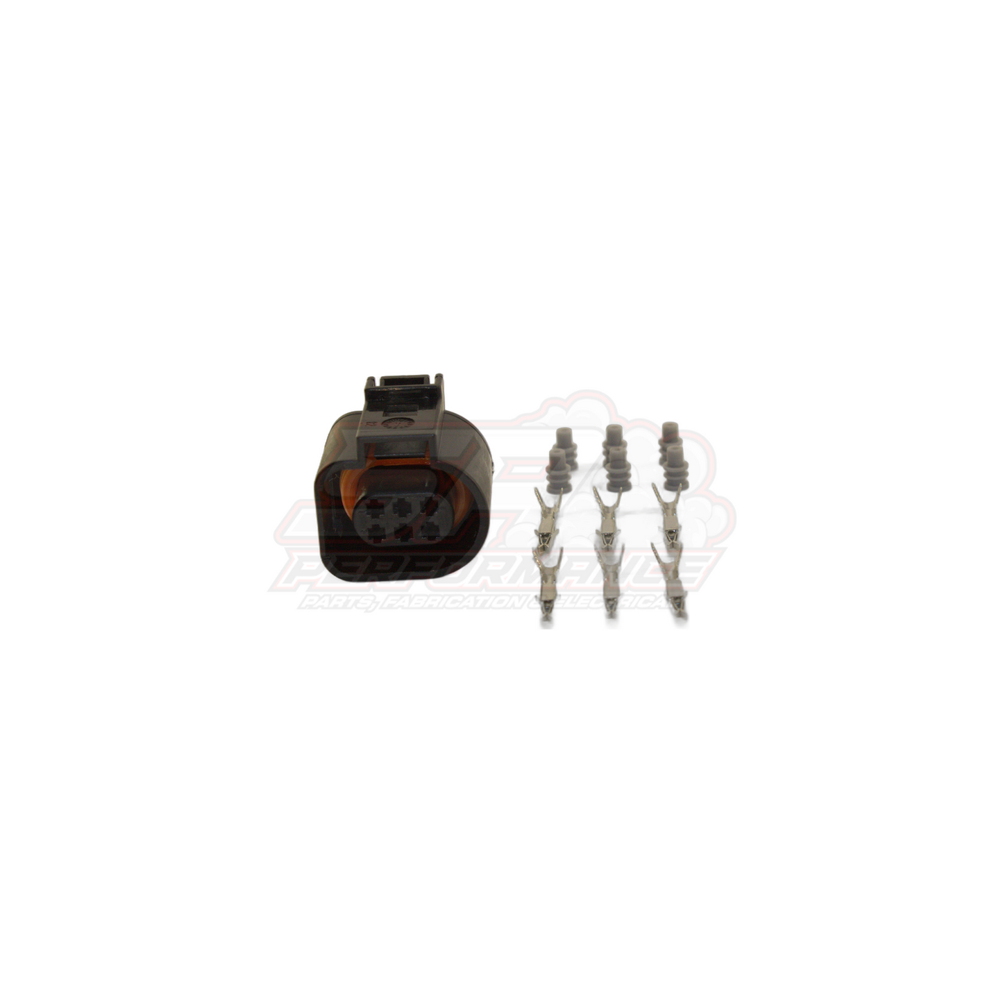 Bosch LSU 4.9 6 pin oxygen sensor connector kit showing black housing with orange seal and three metal terminals with grey seals