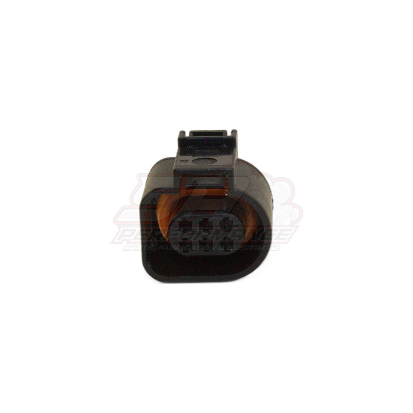 Front view of Bosch LSU 4.9 6 pin oxygen sensor connector showing black housing with orange seal and terminal cavities