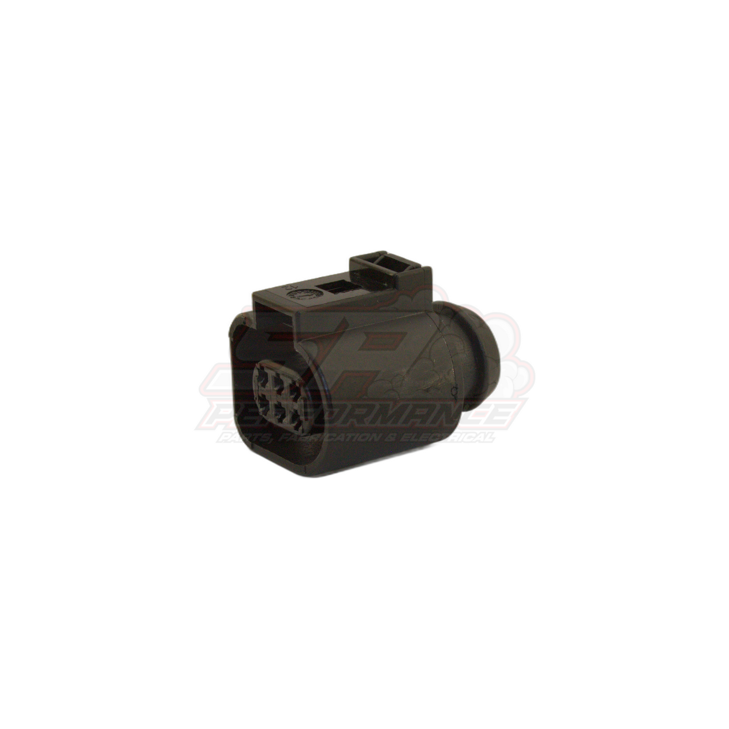 Bosch LSU 4.9 6-pin oxygen sensor connector angled view showing black housing with 12 terminal sockets and grey locking tab