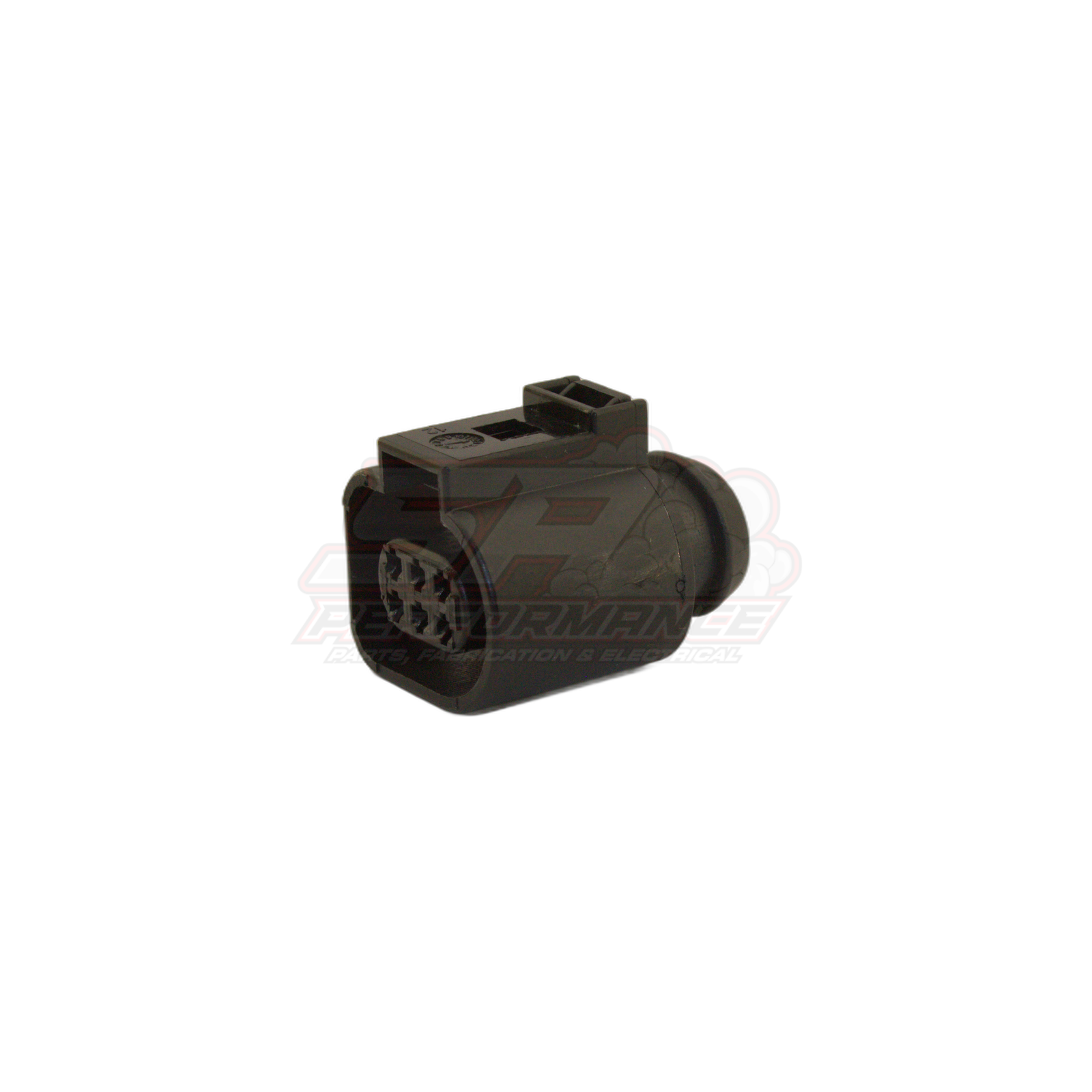 Bosch LSU 4.9 6-pin oxygen sensor connector angled view showing black housing with 12 terminal sockets and grey locking tab