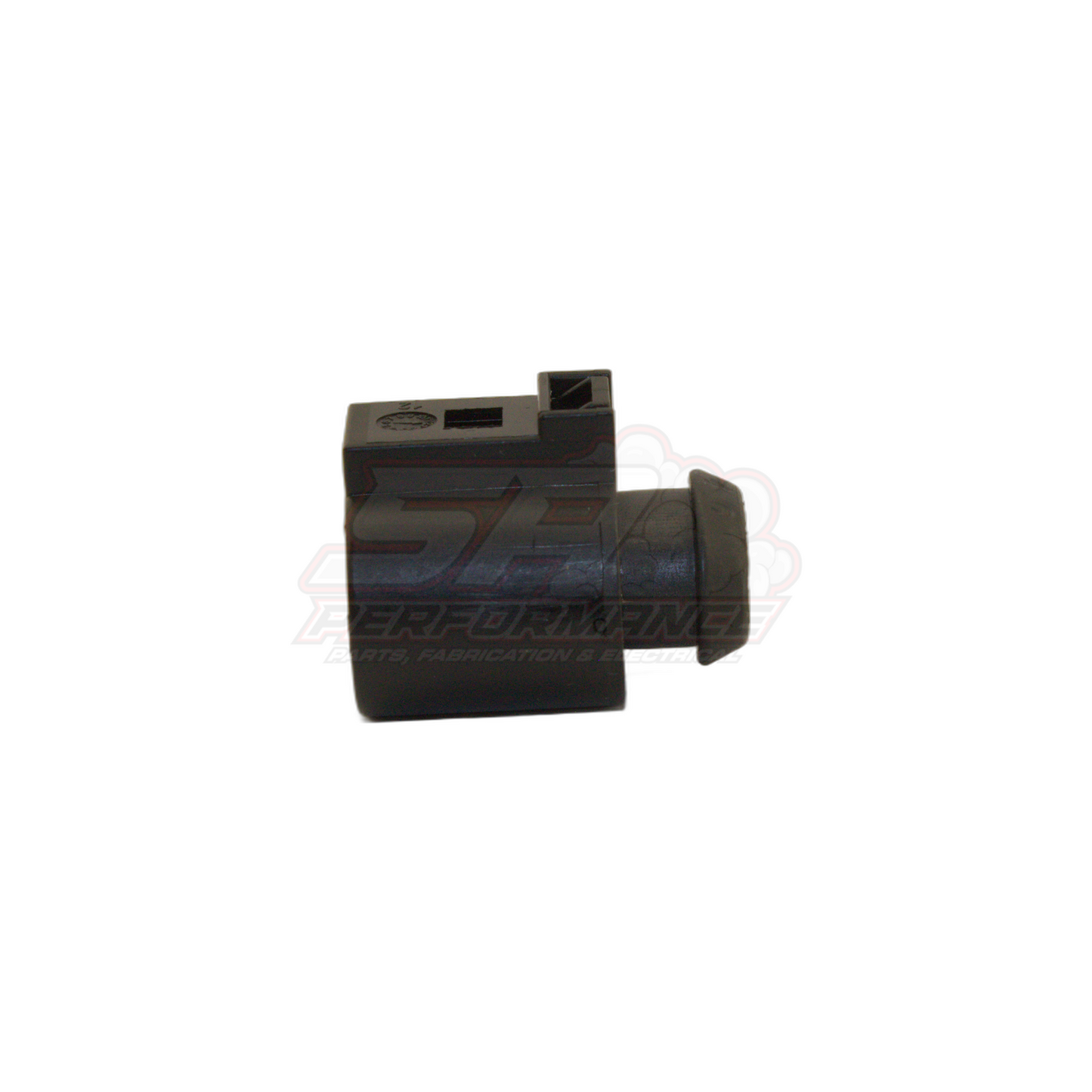 Side angle view of black Bosch LSU 4.9 6-pin oxygen sensor connector showing rectangular housing with barbed hose tail and top locking clip