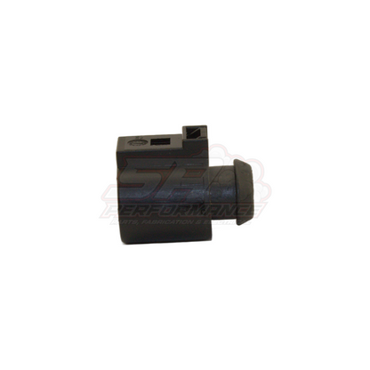 Side angle view of black Bosch LSU 4.9 6-pin oxygen sensor connector showing rectangular housing with barbed hose tail and top locking clip