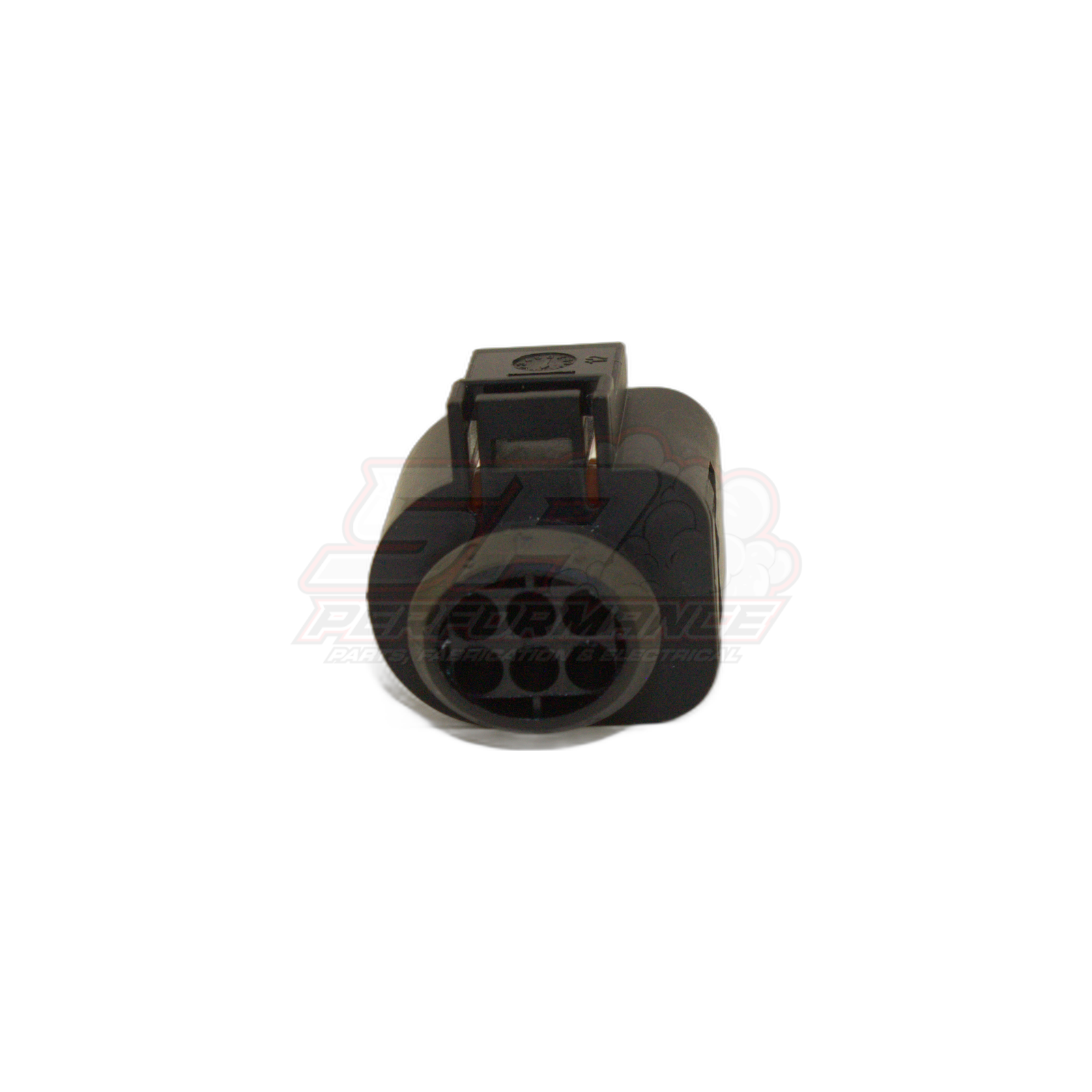 Bosch LSU 4.9 6-pin oxygen sensor connector front angled view showing grey housing with locking tab and circular 6-cavity terminal insert