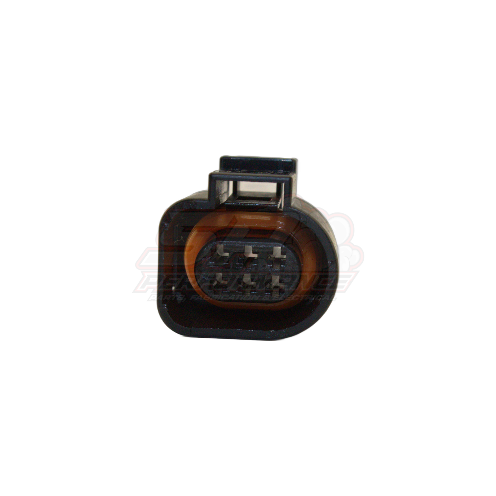 Rear angled view of Bosch LSU 4.9 6-pin oxygen sensor connector showing black housing with brown seal and terminal pins