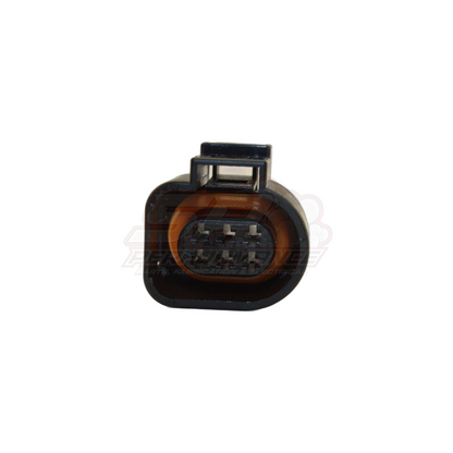 Rear angled view of Bosch LSU 4.9 6-pin oxygen sensor connector showing black housing with brown seal and terminal pins