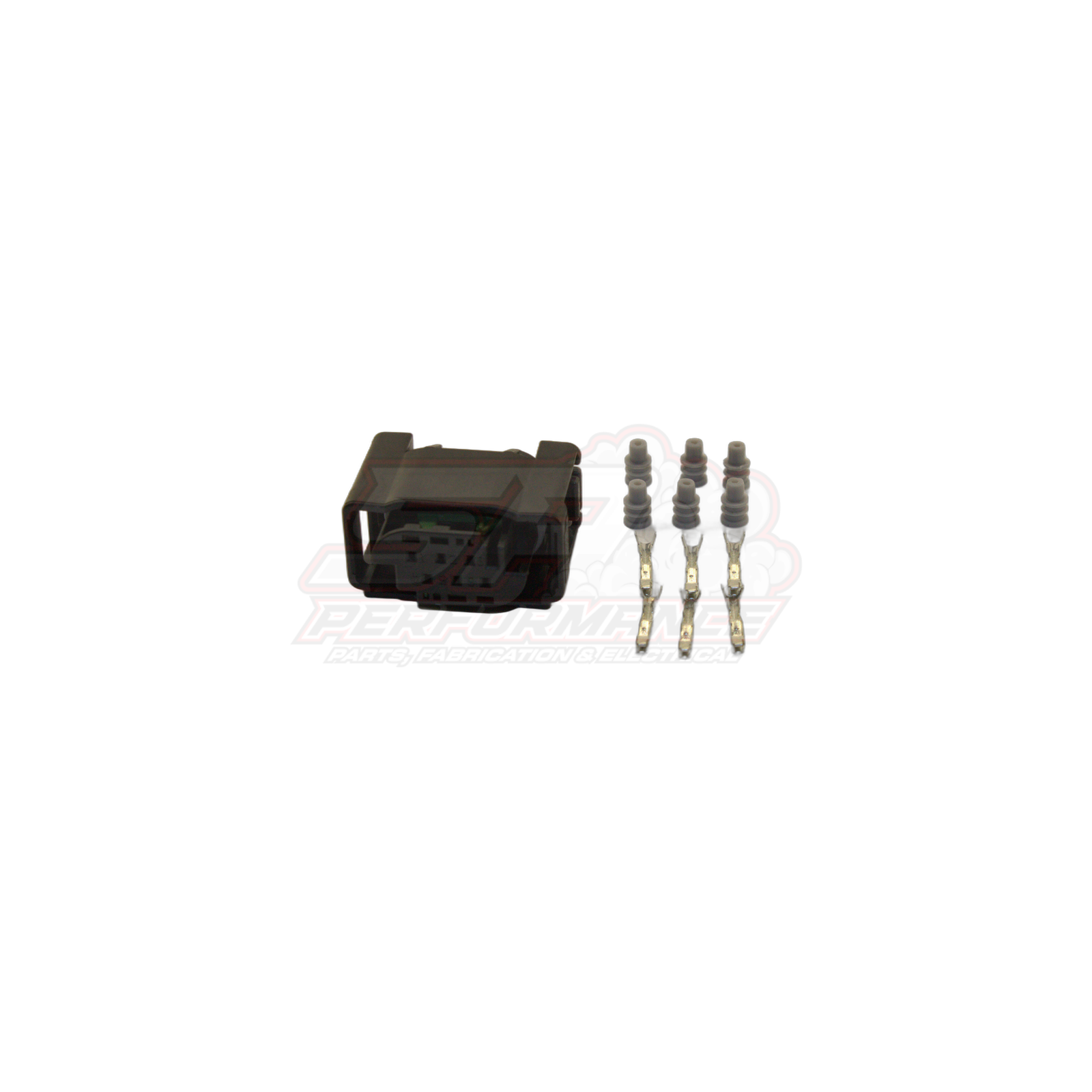 Bosch 6-pin throttle body connector kit showing black housing and three gold terminals with grey wire seals