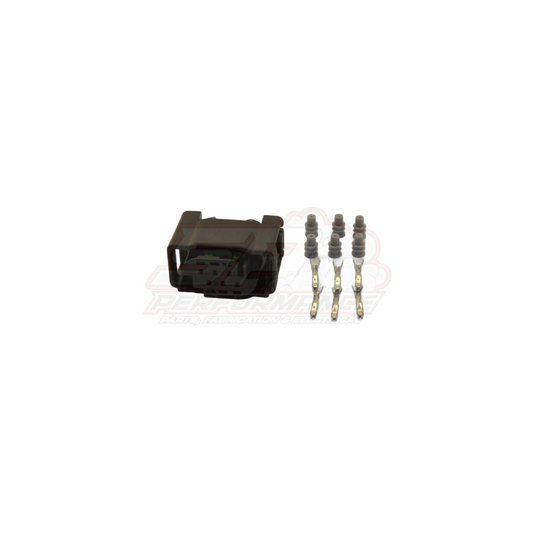 Bosch 6-pin throttle body connector kit showing black housing and three gold terminals with grey wire seals
