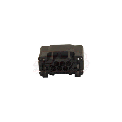 Bosch 6-pin throttle body connector housing front view showing black plastic body with six terminal cavities and locking tabs
