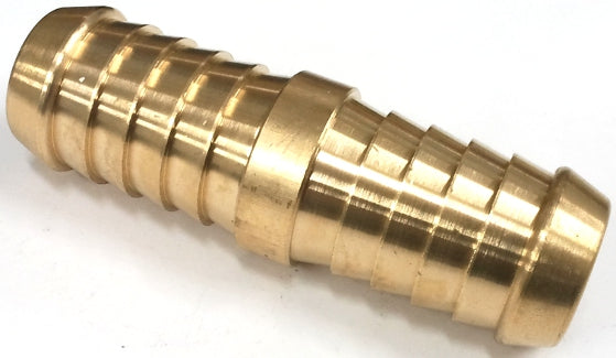 12mm brass barbed hose joiner side view showing dual barbed ends and golden brass finish for automotive fluid line connections