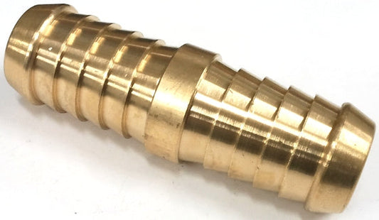 12mm brass barbed hose joiner side view showing dual barbed ends and golden brass finish for automotive fluid line connections
