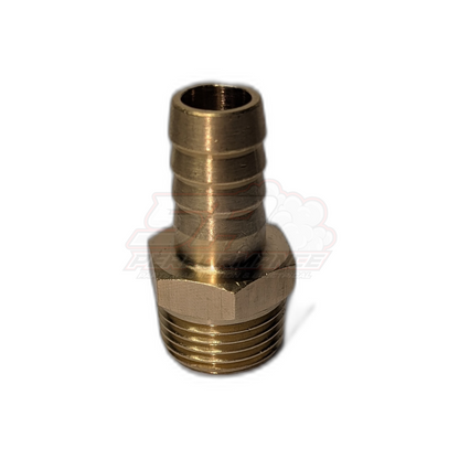 Brass 1/2 inch NPT male to 12.7mm barb adapter fitting showing angled view with hexagonal body and ribbed barb