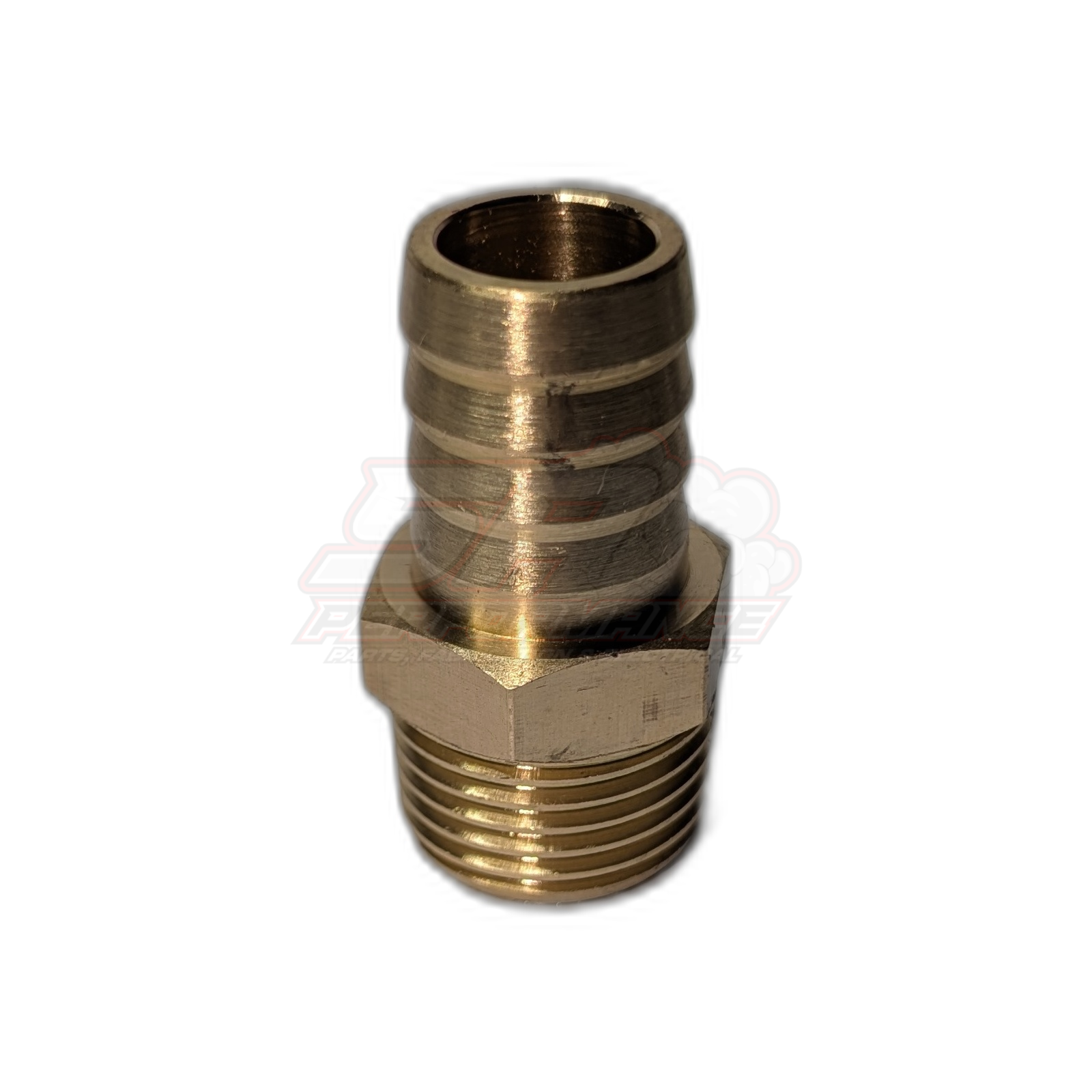 Brass 1/2 inch male NPT to 16mm 5/8 inch barb fitting angled view showing hex body and threaded NPT end