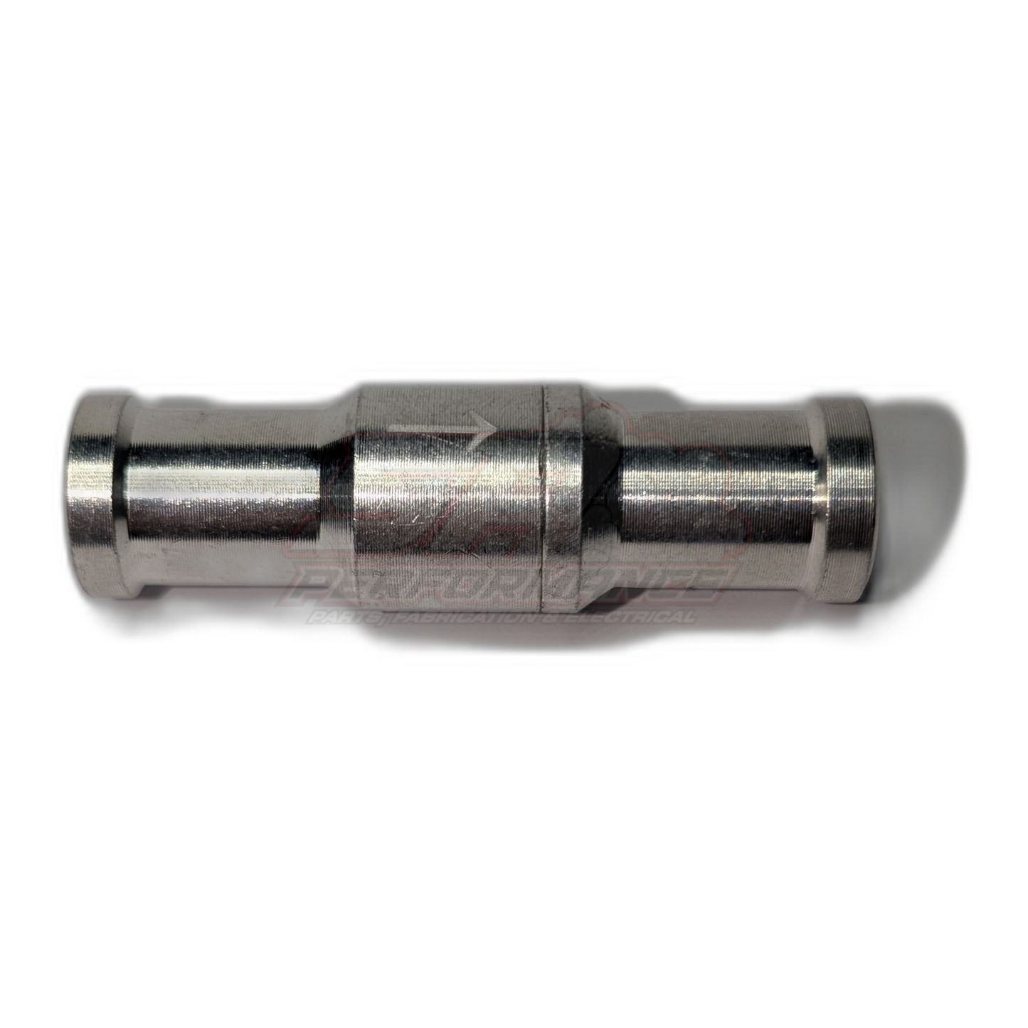 12mm aluminium inline one way valve side profile view showing polished metal body with central hex nut section and barbed connections at each end