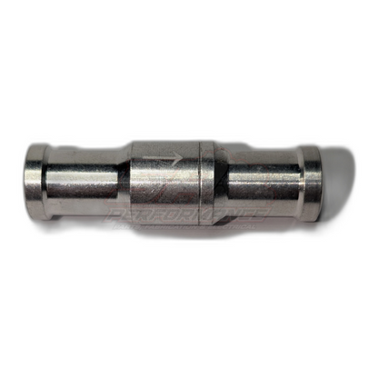 12mm aluminium inline one way valve side profile view showing polished metal body with central hex nut section and barbed connections at each end