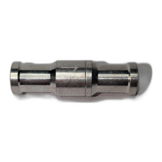 12mm aluminium inline one way valve side profile view showing polished metal body with central hex nut section and barbed connections at each end