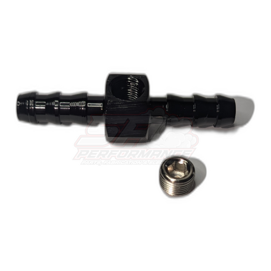 Black inline 5/16 inch barb adapter with 1/8 NPT side port shown with chrome hex plug removed, top angle view