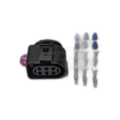 Bosch LSU 4.2 6-pin connector housing showing oval socket end with purple secondary lock, plus six terminals and blue wire seals
