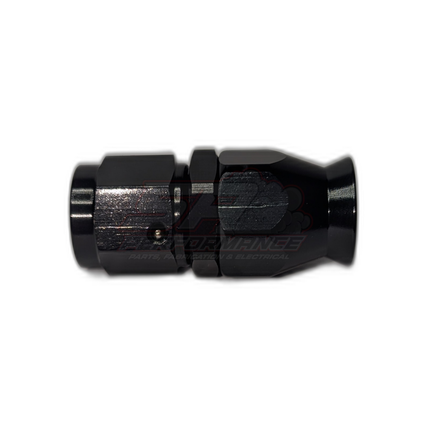 Black anodised aluminium AN6 straight PTFE hose end fitting side view showing hexagonal nut and socket sections with visible laser etching