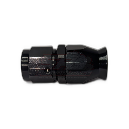 Black anodised aluminium AN6 straight PTFE hose end fitting side view showing hexagonal nut and socket sections with visible laser etching