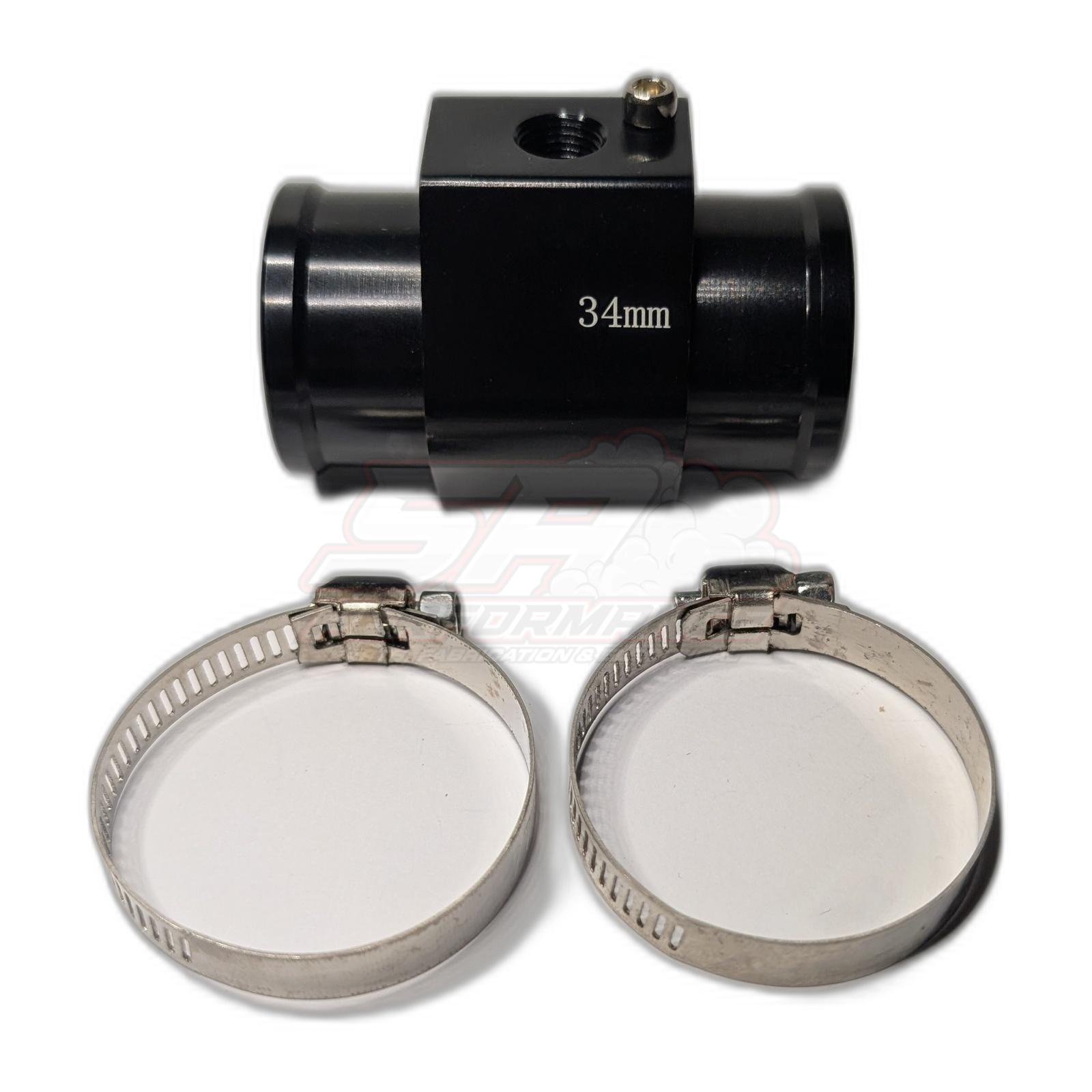 Black anodised aluminium 34mm coolant hose adapter with 1/8 NPT sensor port and silver bleed screw, shown with two stainless steel hose clamps