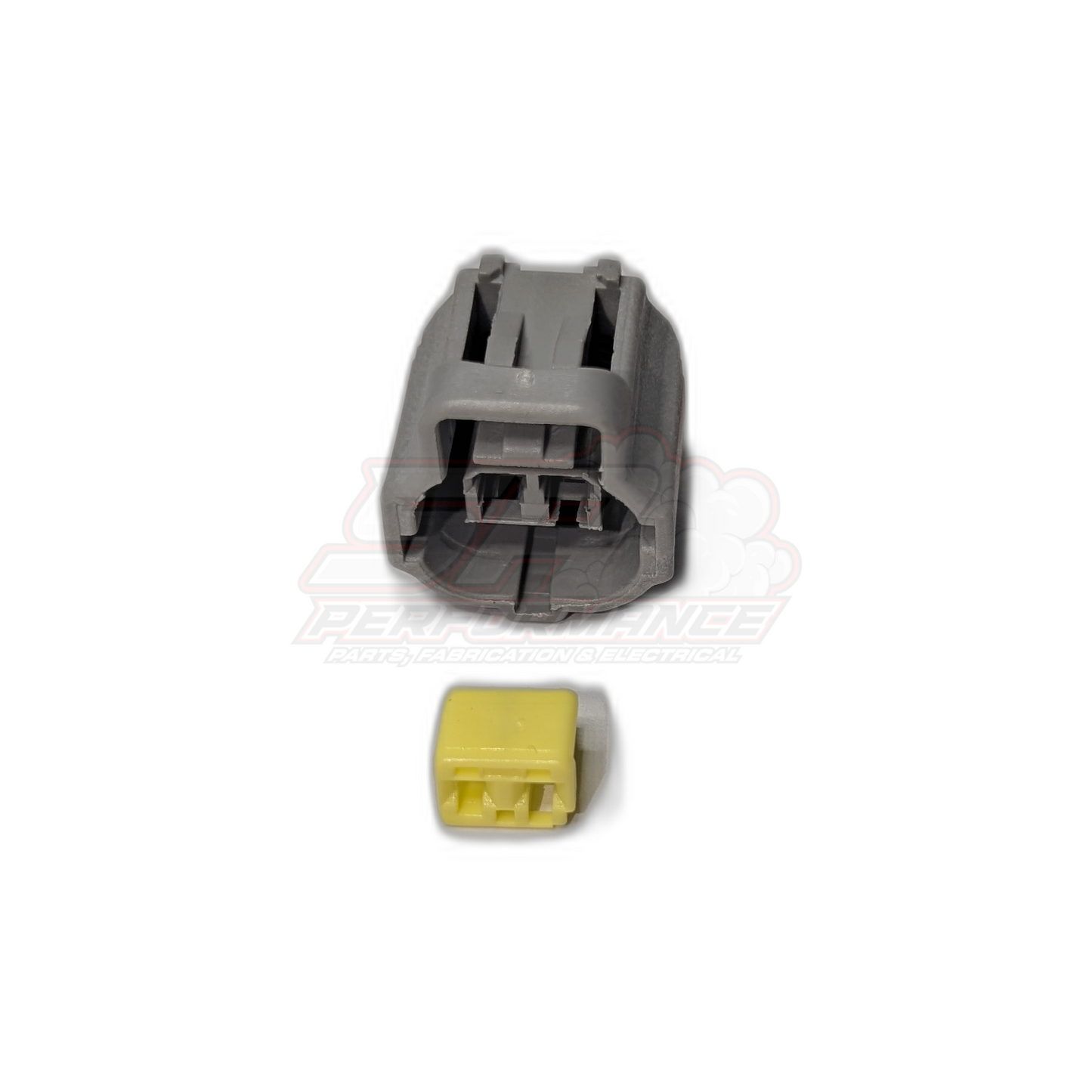 Grey 2-pin Toyota ECT connector housing showing terminal cavity detail with yellow male connector below