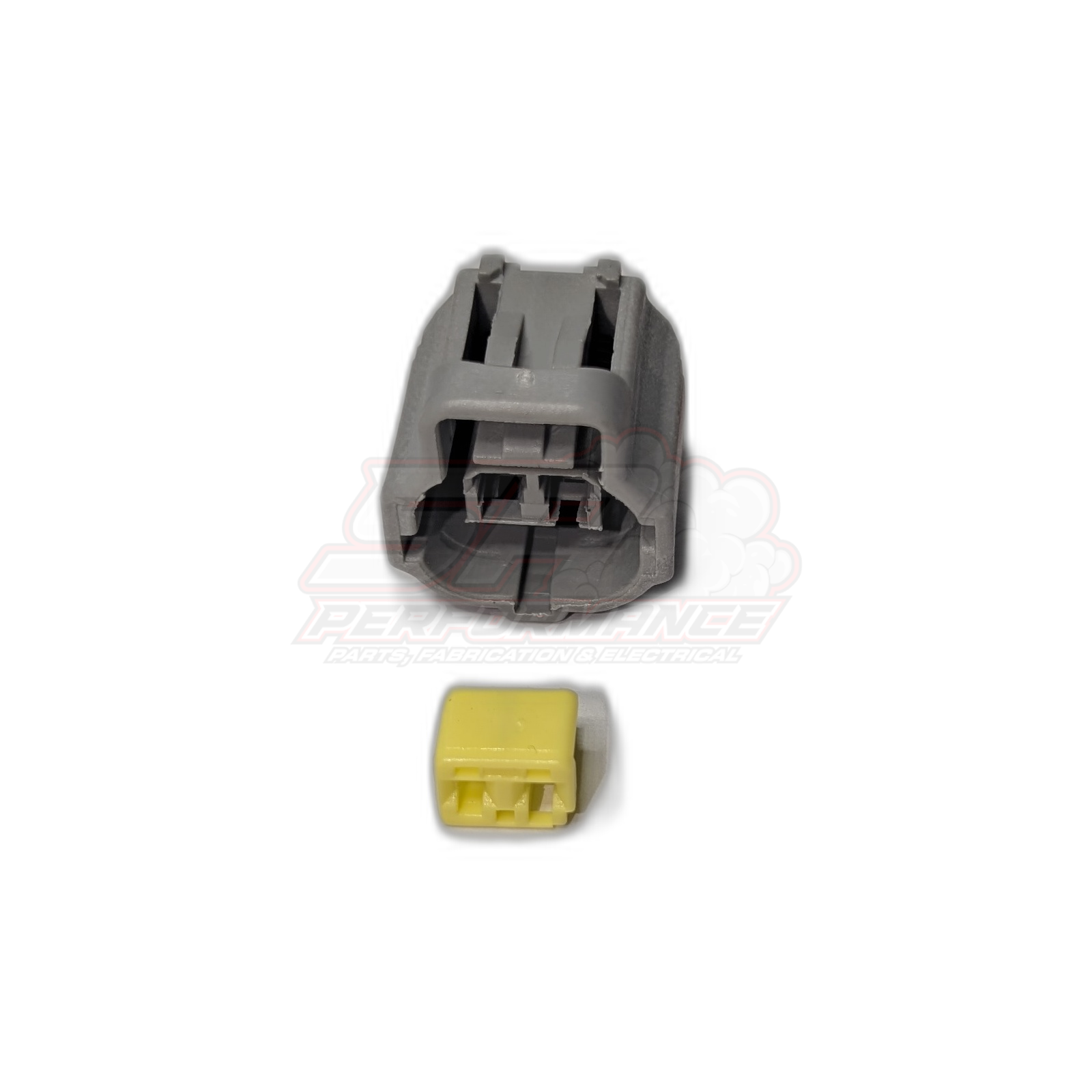 Grey 2-pin Toyota ECT connector housing showing terminal cavity detail with yellow male connector below
