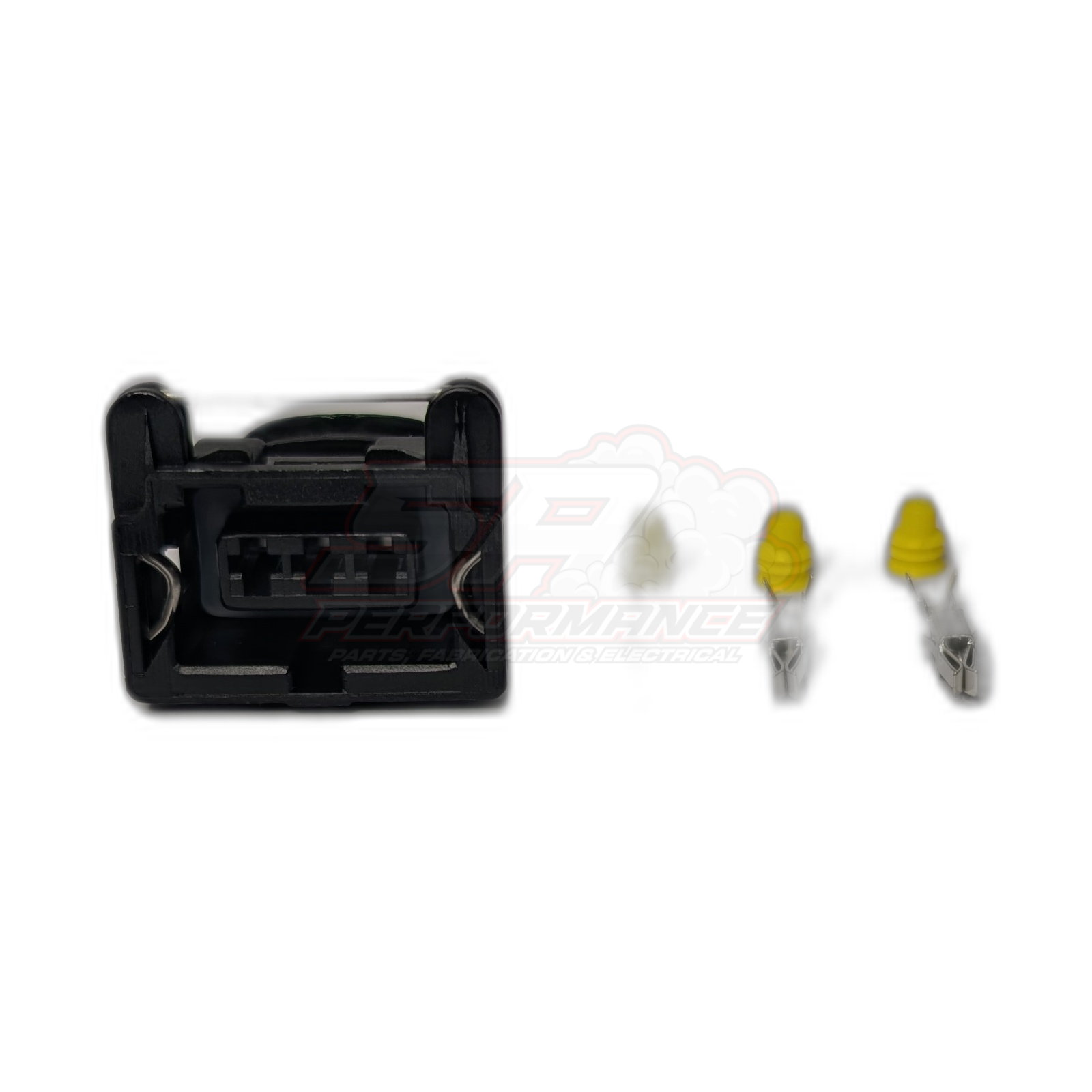 Black Bosch 3 pin Jetronic connector housing with three yellow rubber seals and metal terminals displayed separately
