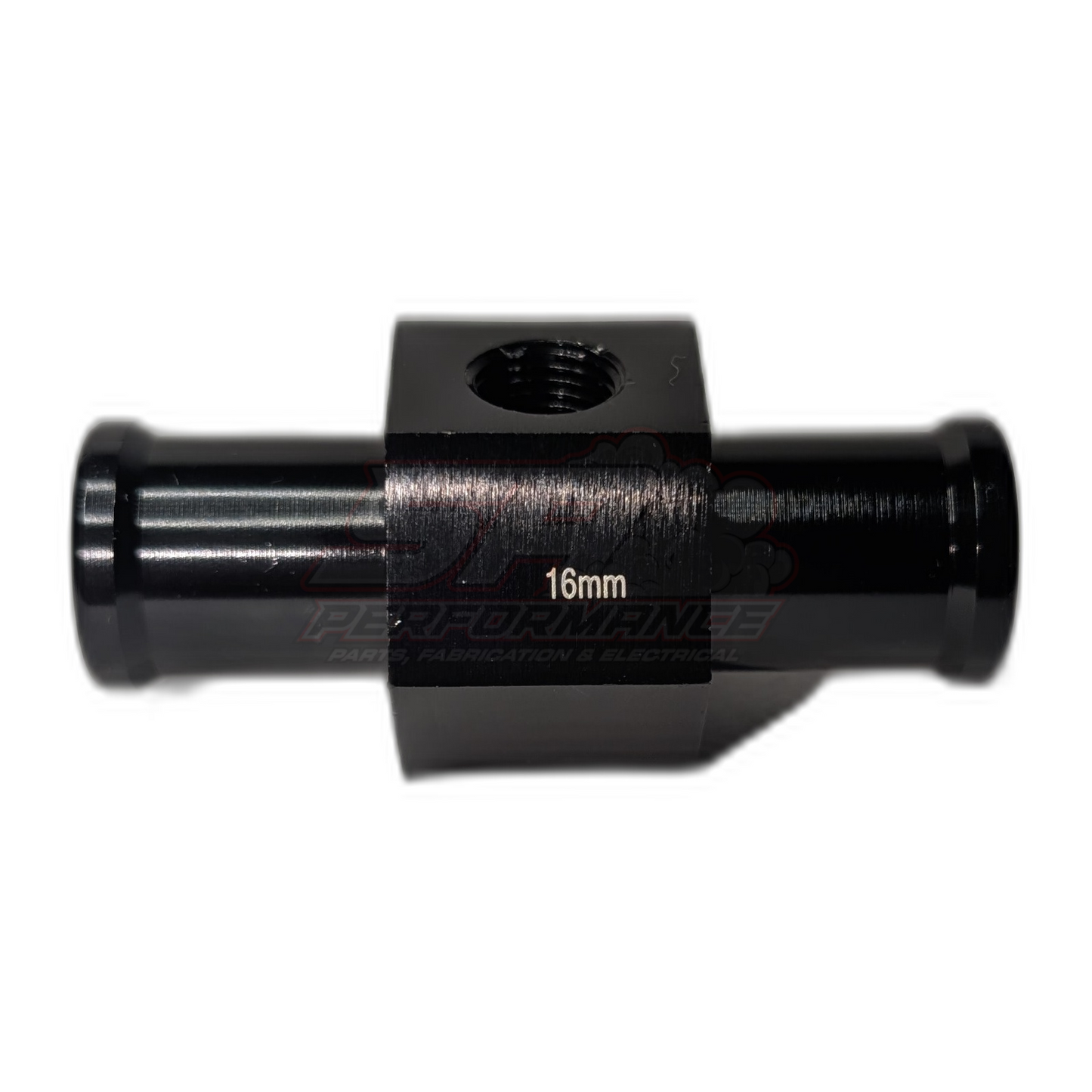 Black anodised aluminium 16mm coolant hose adapter side view showing central sensor port and 16mm marking on cylindrical body