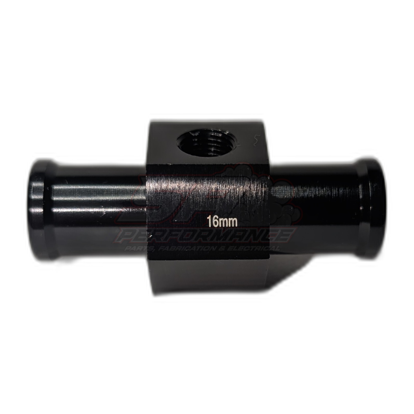 Black anodised aluminium 16mm coolant hose adapter side view showing central sensor port and 16mm marking on cylindrical body