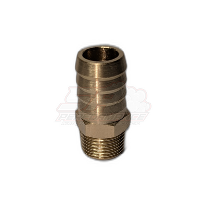 Brass 3/8 inch male NPT to 16mm 5/8 inch barb fitting angled view showing ribbed barb and threaded end