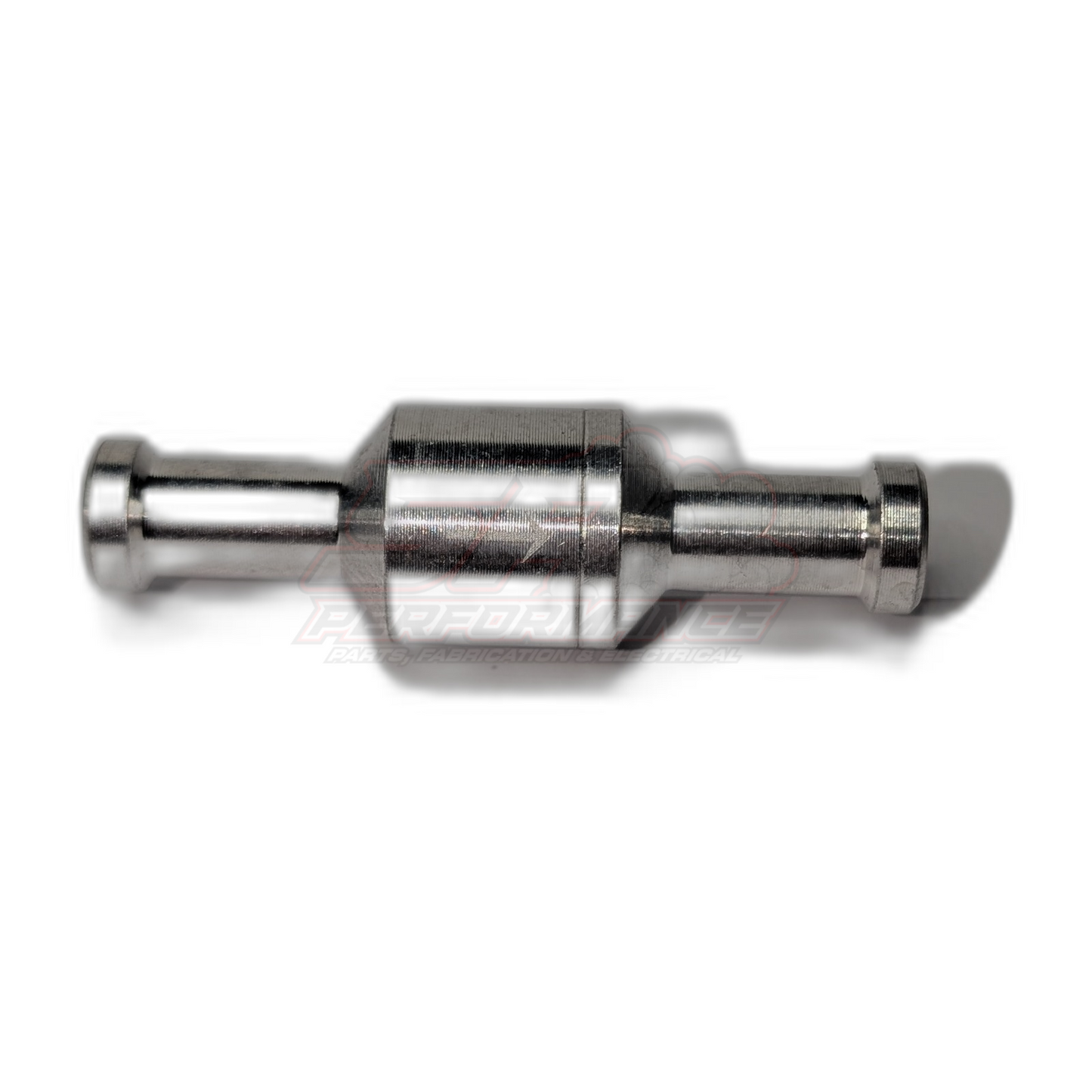 Polished aluminium 8mm inline one way valve side profile showing central body and dual barbed fittings