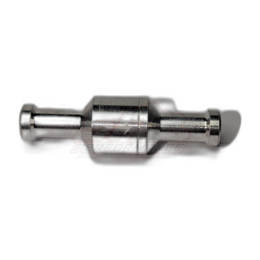 Polished aluminium 8mm inline one way valve side profile showing central body and dual barbed fittings