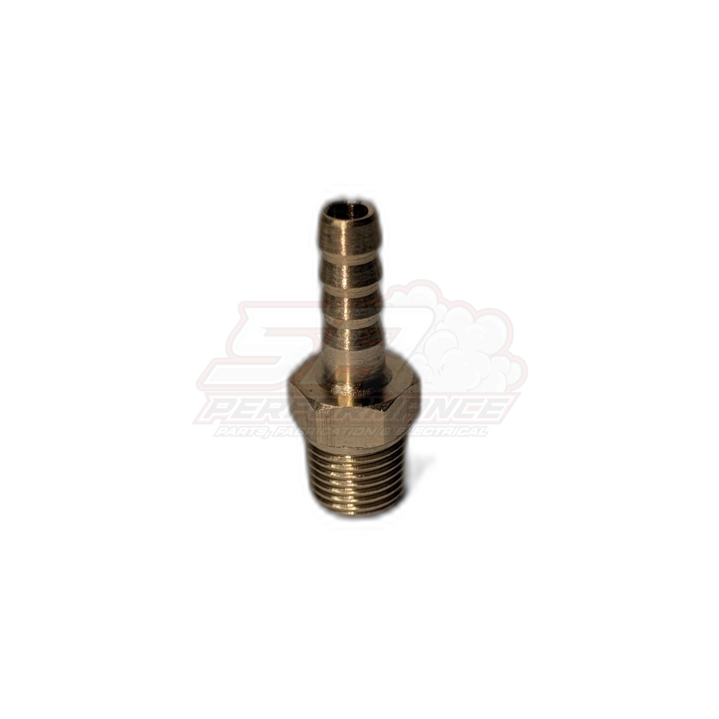 Brass 1/8" male NPT to 5mm 3/16" barb fitting angled view showing threaded base and ribbed hose barb