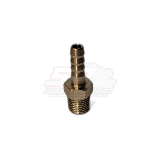 Brass 1/8" male NPT to 5mm 3/16" barb fitting angled view showing threaded base and ribbed hose barb