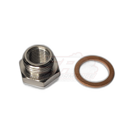M18 x 1.5mm to M12 x 1.25mm exhaust O2 sensor spacer adapter in stainless steel with copper crush washer, angled front view showing male and female threads
