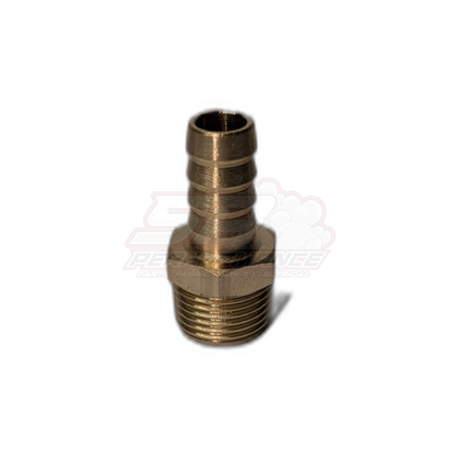 Brass 3/8 inch male NPT to 9.5mm barb fitting angled view showing threaded base and triple-barbed hose tail
