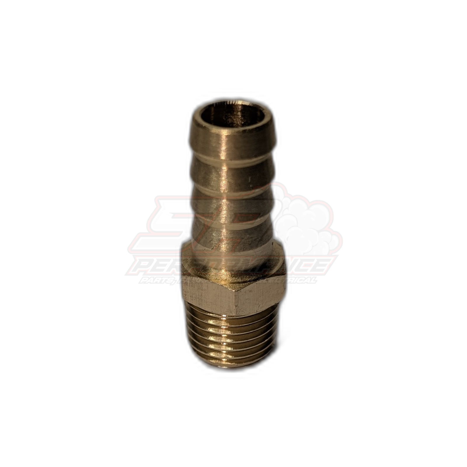 Brass 1/4 inch male NPT to 9.5mm 3/8 inch barb fitting shown at three-quarter angle displaying threaded end and stepped barb