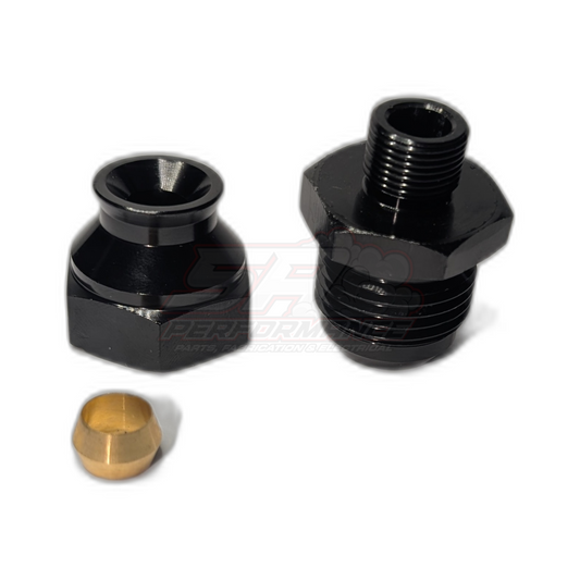 Black anodised AN10 male to 5/16" hardline straight adapter shown disassembled with brass olive and socket components visible