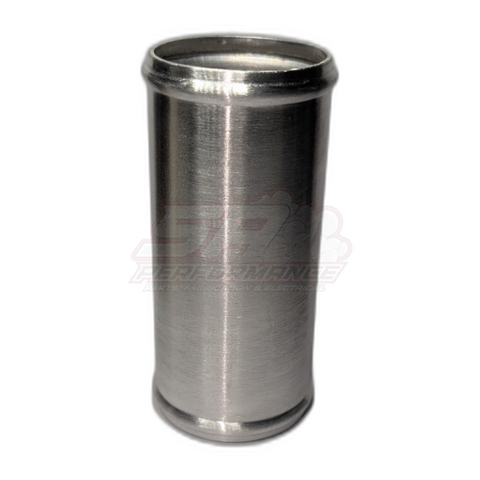 Polished aluminium straight hose joiner 40mm with beaded ends and brushed metal finish shown in front view