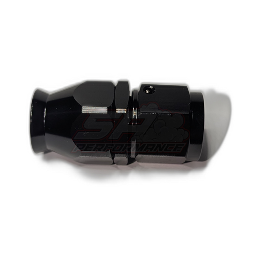 Black anodised aluminium AN10 straight PTFE hose end fitting side view showing hex body and olive insert for PTFE liner