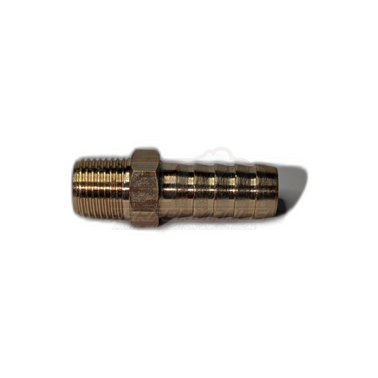 Side view of 1/8 inch male NPT to 8mm 5/16 inch barb brass fitting showing threaded end and ribbed barb tail